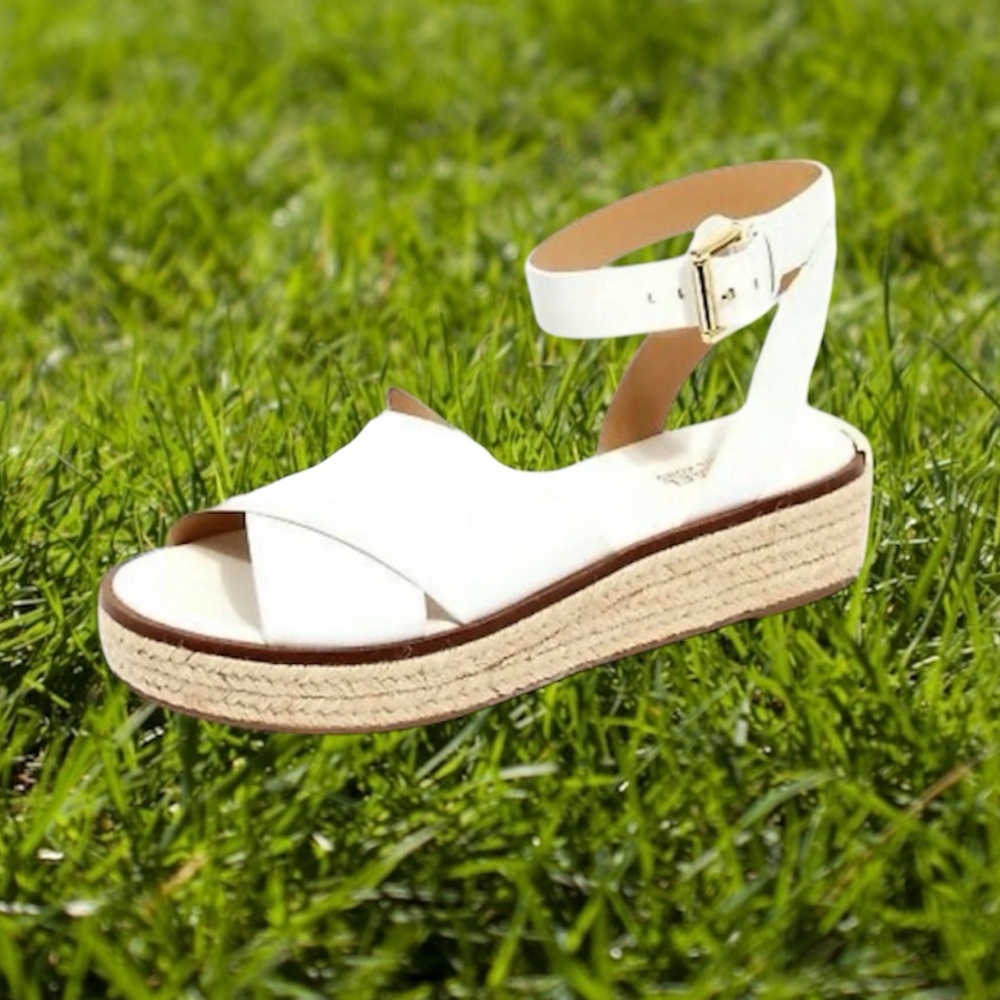Michael Kors Crisscross Leather Espadrille Sandal Jute-wrapped platform white 10